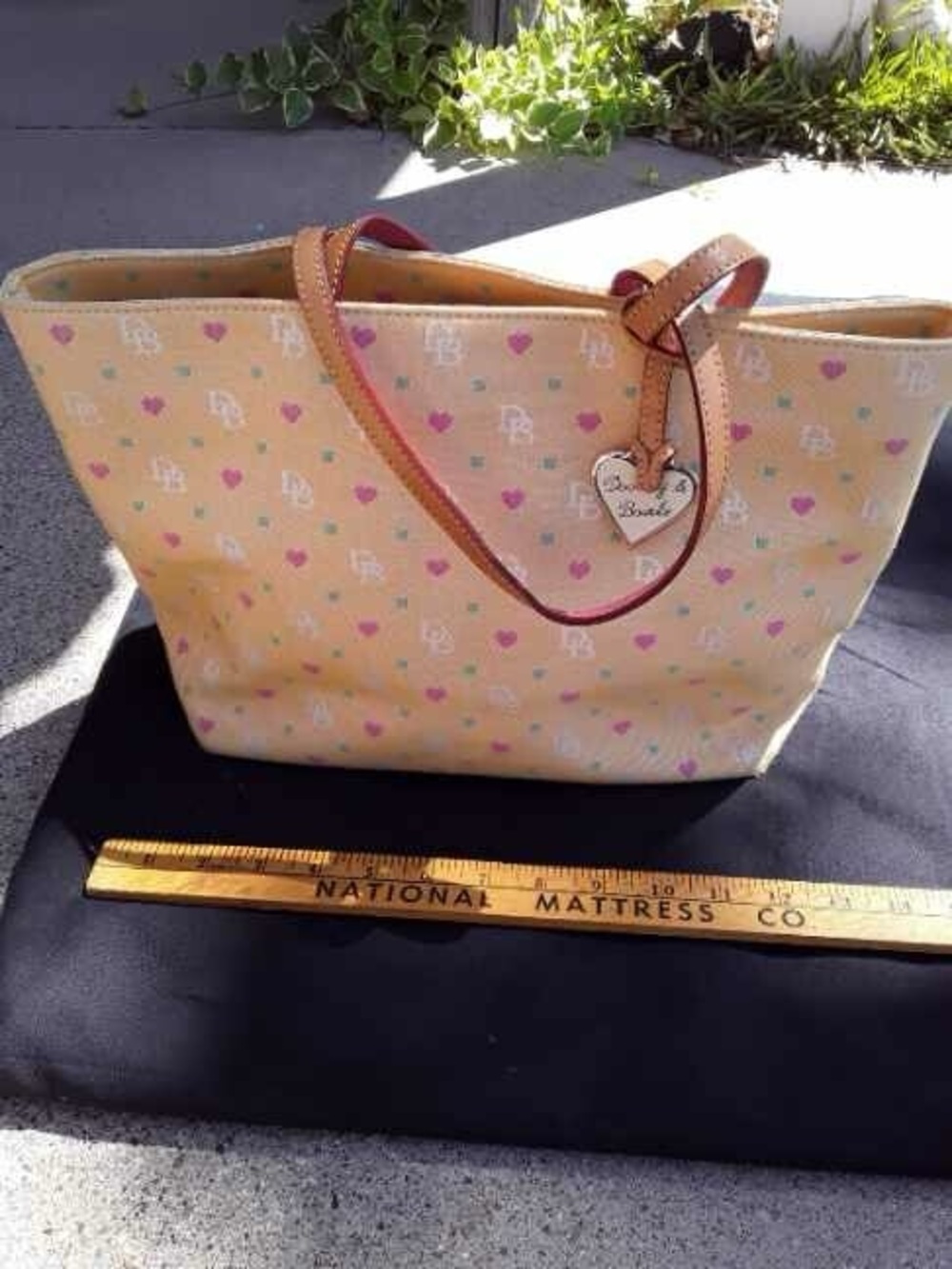 Y2K 🩷 Dooney & Bourke Yellow Canvas and Leather Monogram Hearts Tote Bag